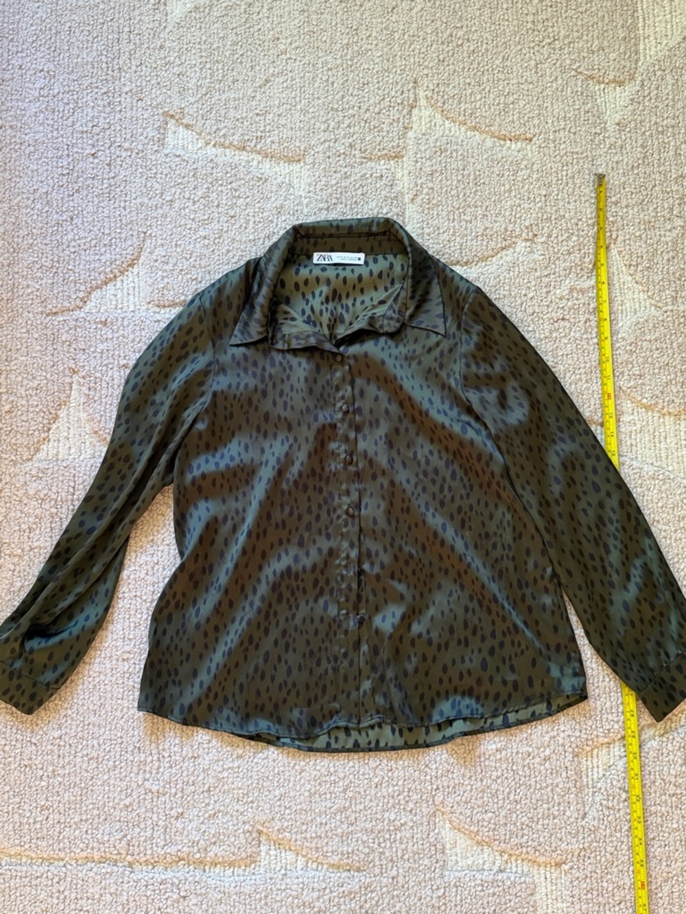 Zara Olive Satin Button-Down Blouse with Black Dot Pattern